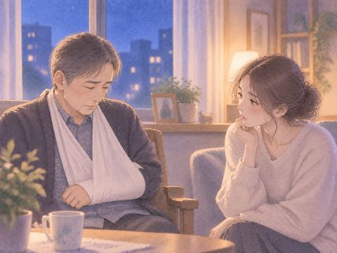 腕をかばう父親を気遣う娘