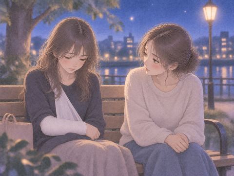 包帯をした友達を気遣う女性