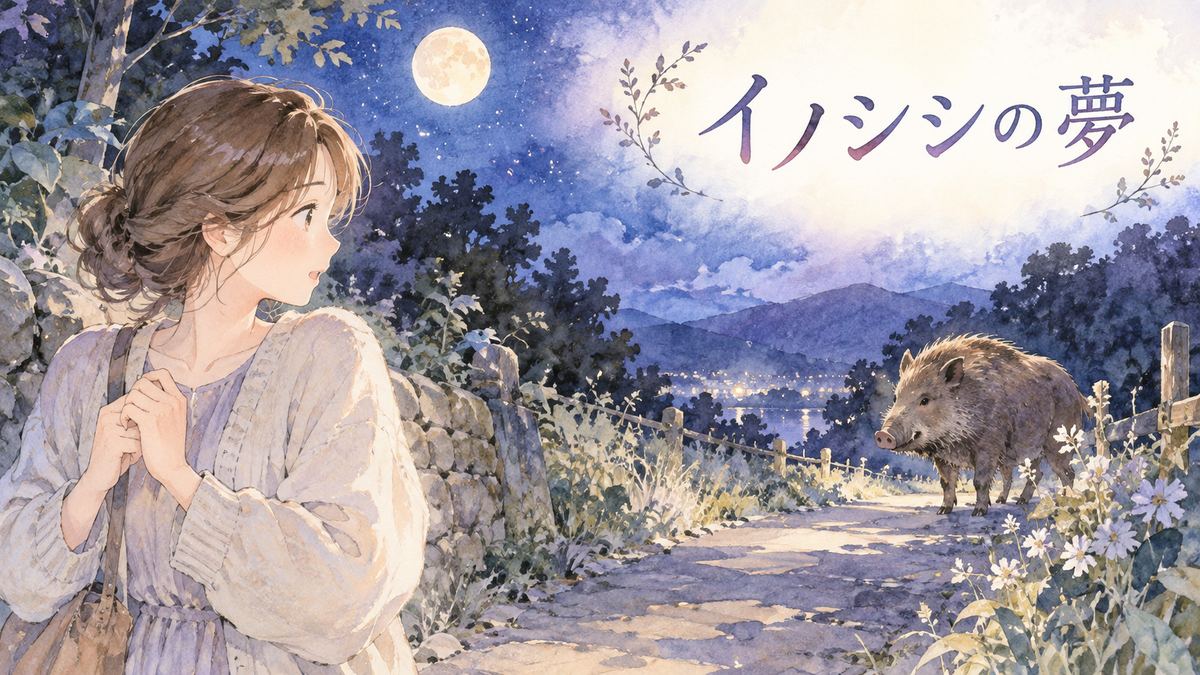 夜道でイノシシを見つめる大人の女性