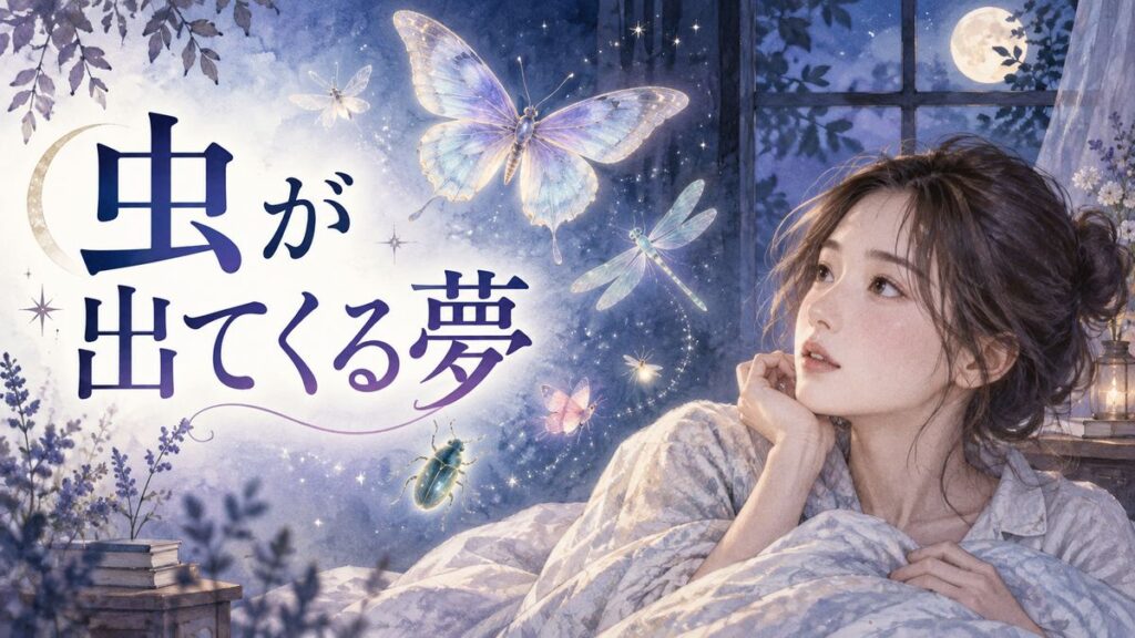 月明かりの部屋で、夢に浮かぶさまざまな虫を見つめる大人の女性