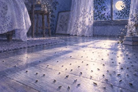 月明かりの床に小さな虫が何匹も現れている夢の場面