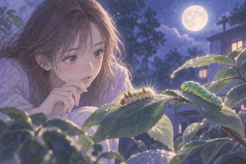 葉の上を毛虫と青虫が這う夢の場面