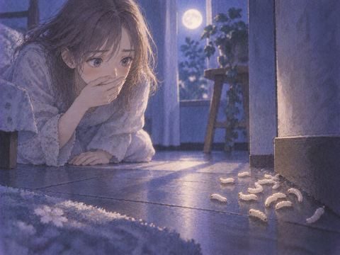 夜の床の一角に白い小さな虫が集まる夢の場面