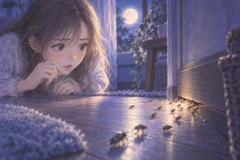 夜の床の隙間から虫が次々に現れる夢の場面