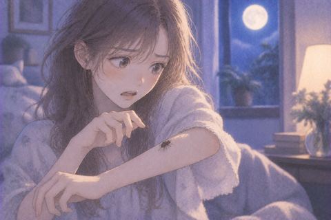 腕の上を小さな虫が這い、女性がぞわっとする夢の場面