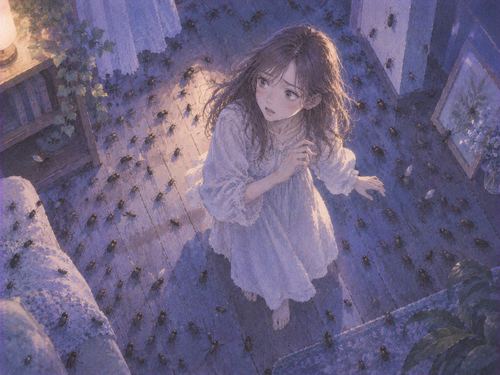 大人の女性が周囲の虫に囲まれて立ち止まる夢の場面