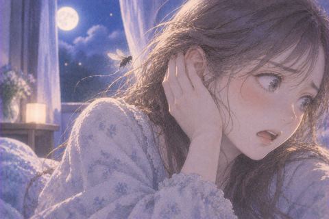耳元へ小さな虫が近づき、女性が手で耳を押さえる夢の場面