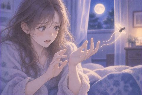 手元から淡い虫の影が離れていき、女性が驚く夢の場面