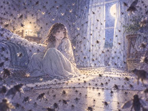 夜の部屋に大量の虫が広がっている夢の場面