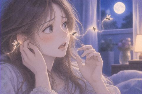 女性の顔のそばから小さな虫の影が離れていく夢の場面