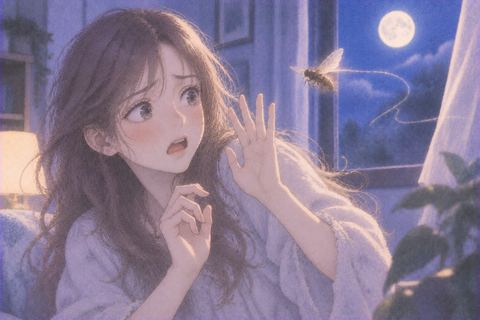 女性の顔の近くへ虫が飛んできて身を引く夢の場面