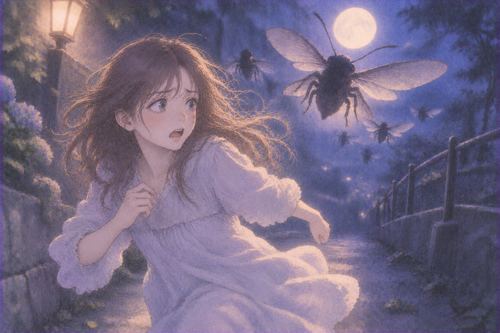 夜道で女性が大きな虫の影から逃げる夢の場面