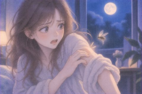 腕に虫が触れ、女性が驚いて振り向く夢の場面