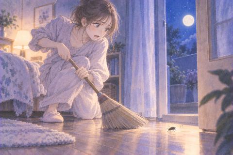 女性が部屋の虫をほうきで外へ追い出そうとする夢の場面