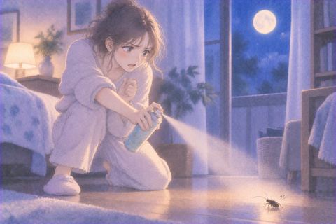 虫除けスプレーを構え、虫を遠ざけようとする女性の夢