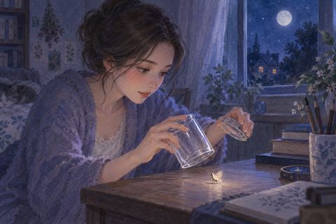 女性が透明な容器で小さな虫を捕まえる夢の場面
