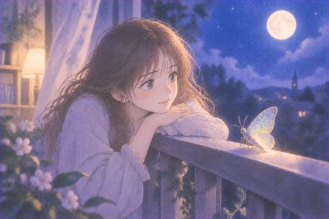 女性が月明かりの中で美しい虫を穏やかに眺める夢の場面