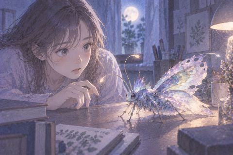 見たことのない不思議な虫が夜の机にいる夢の場面