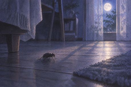 薄暗い床に黒い虫が静かにいる夢の場面