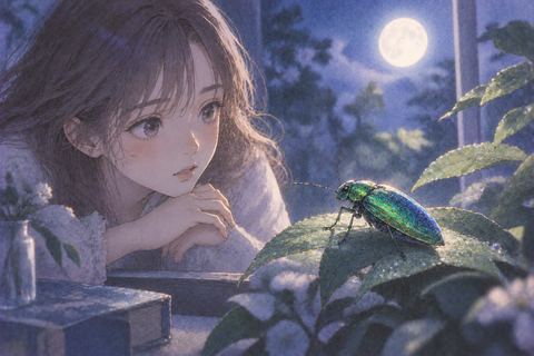 緑と青の光沢を持つ虫を見つめる夢の場面
