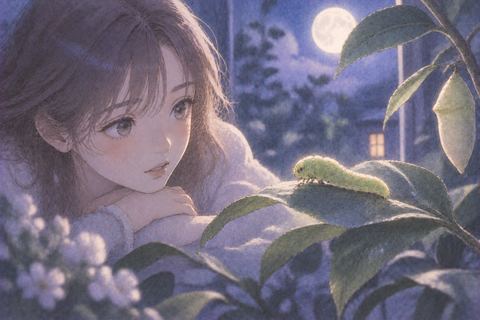夜の葉の上を幼虫がゆっくり進む夢の場面