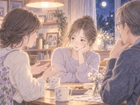 家族の言葉を静かに受け止める女性