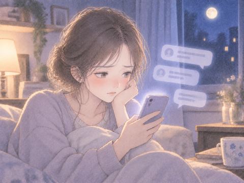 スマートフォンの画面を見て沈む女性