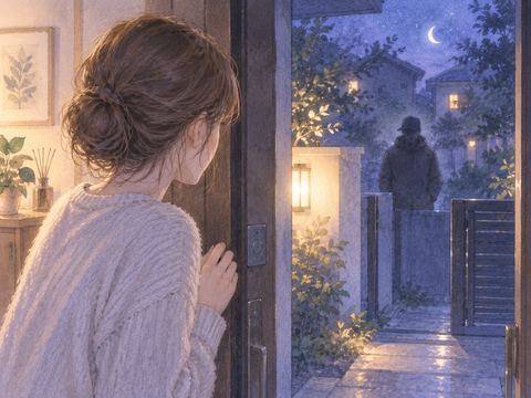 夜の家の前に立つ見知らぬ人影