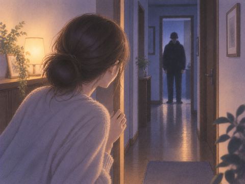 廊下の先で突然見知らぬ人影に気づく場面