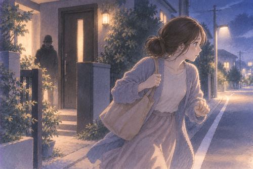 夜の家から安全な方向へ離れる人物
