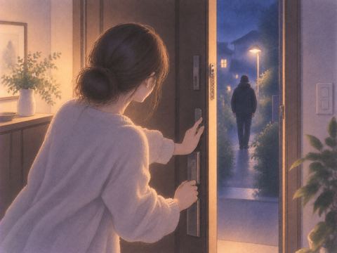 玄関の外へ遠ざかる人影と閉じる扉
