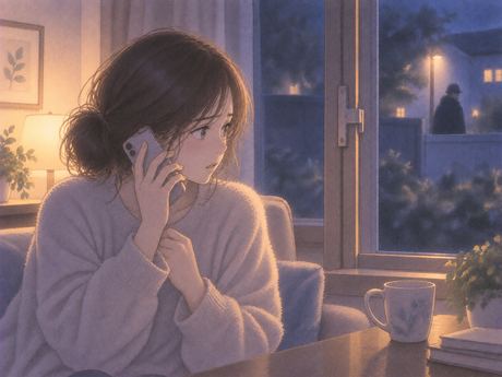 安全な室内から電話で助けを求める人物