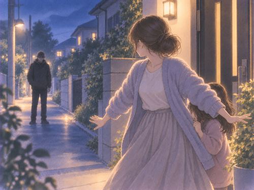 家を背に不審な人影へ向き合う人物