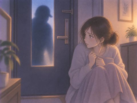 閉じた扉の内側で身を守る人物