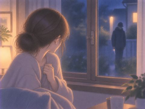 閉じた窓の外に立つ不審な人影