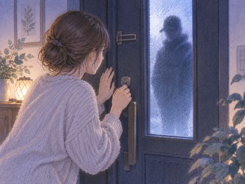 閉じた玄関扉と外から近づく人影