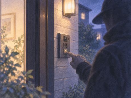 夜の玄関でインターホンを押す人影
