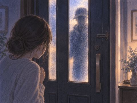 閉じた玄関の外に立つ不審な人影
