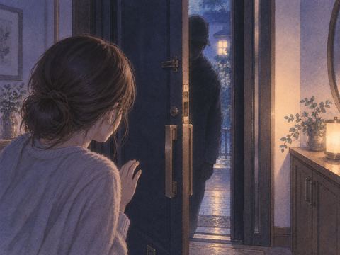 開きかけた玄関扉と入ってくる人影