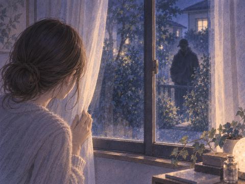 夜の窓の外に見える人影