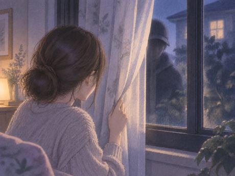 カーテン越しの窓から室内を見る人影