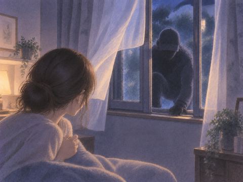 開いた窓から室内へ入ろうとする人影