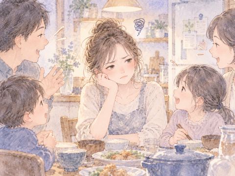 家族との会話で困った表情を見せる女性