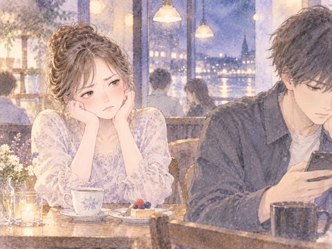 恋人と向き合いながら不満そうな女性
