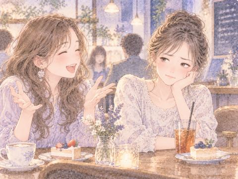 話し続ける友達の横で困った表情をする女性