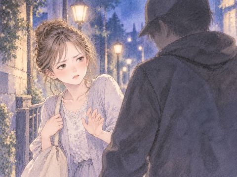 見知らぬ人物に進路を遮られて戸惑う女性