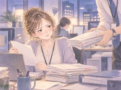 書類を渡され続け困った表情をする職場の女性
