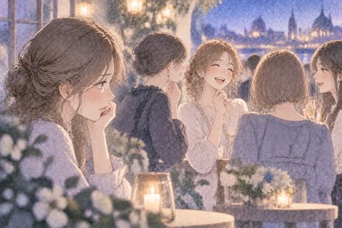周囲に囲まれる友達を見つめる女性