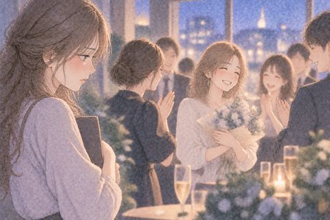 褒められる人を複雑な表情で見る女性