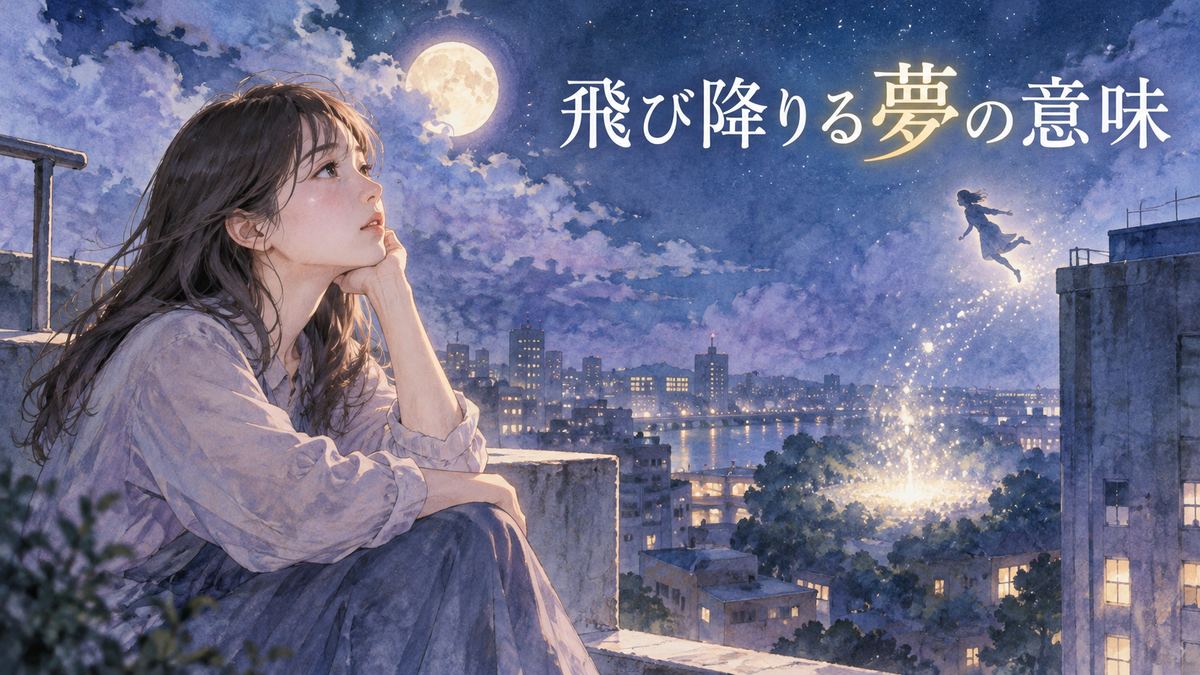 夜の屋上で遠くを見つめる大人の女性と、月明かりの中に浮かぶ飛び降りる夢の幻想的なモチーフ